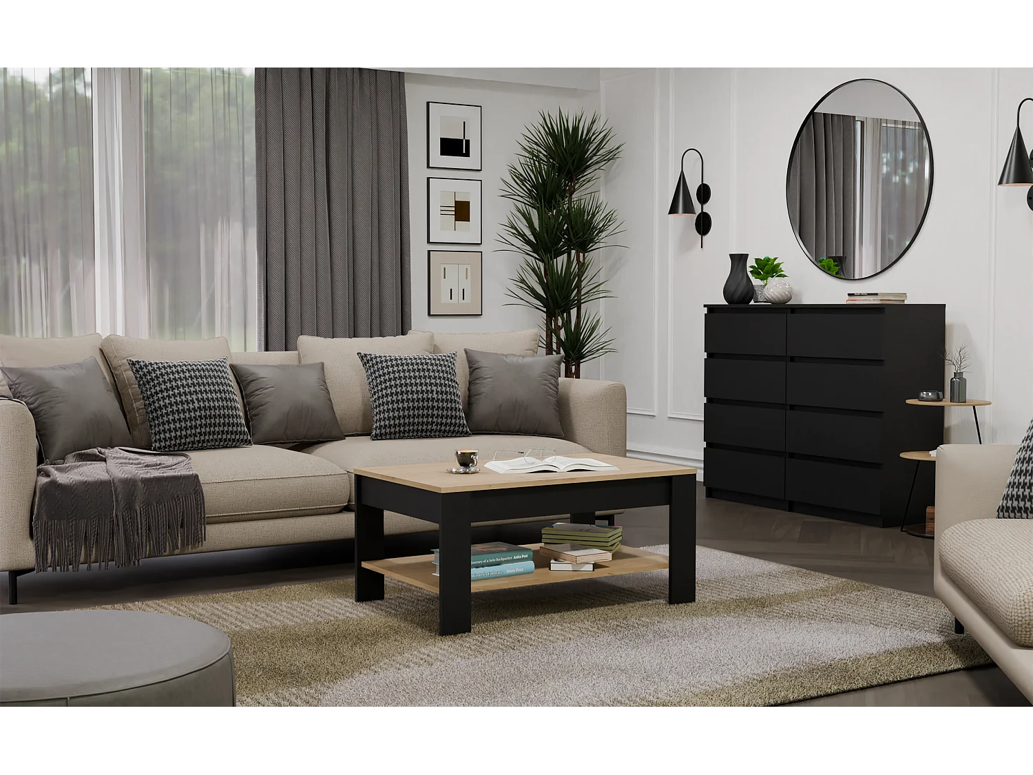 OHIO - Tavolino da Caffè Rovere Artisan Nero con Ripiano per Soggiorno 93x58x43,5 cm