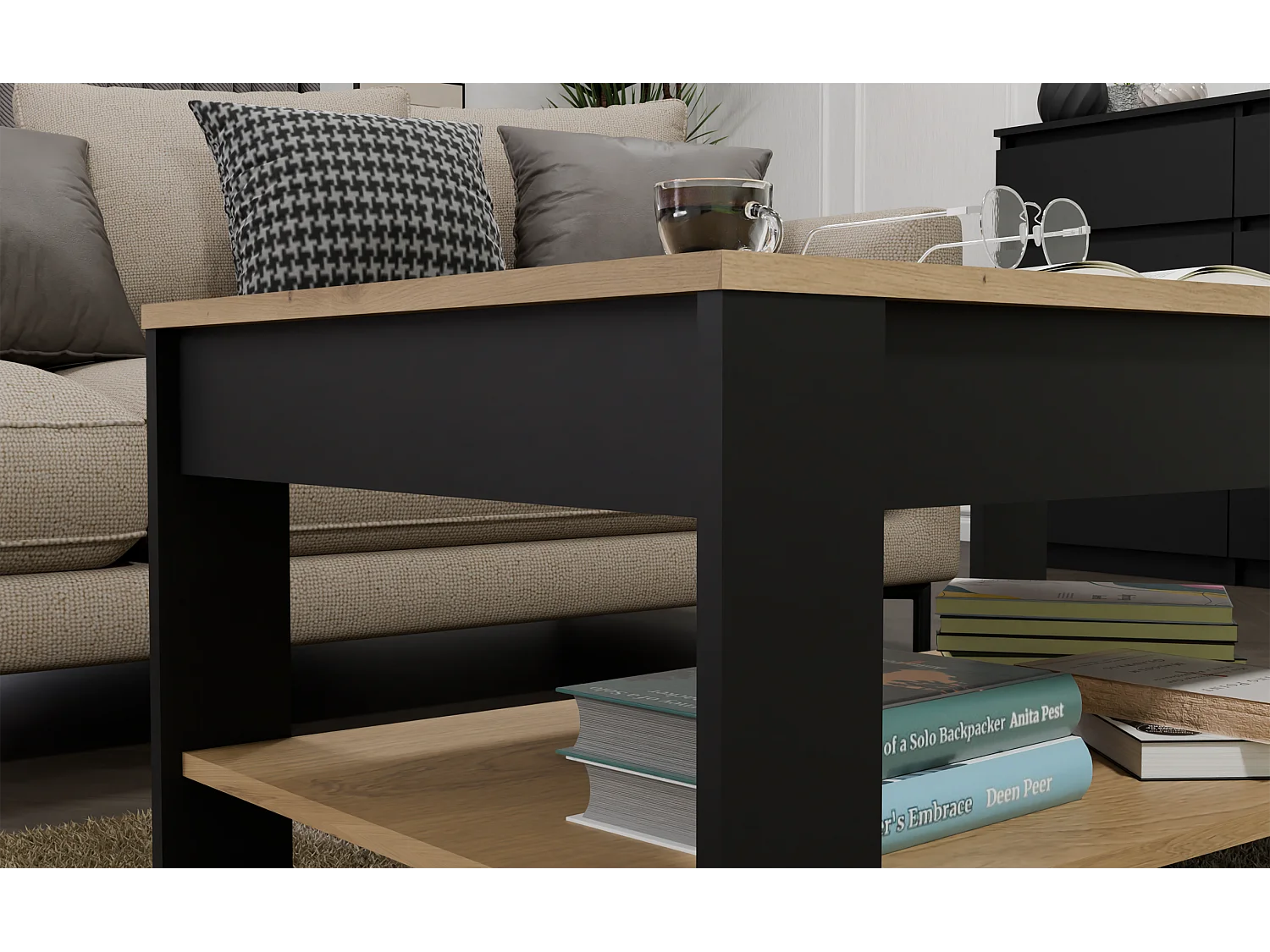 OHIO - Tavolino da Caffè Rovere Artisan Nero con Ripiano per Soggiorno 93x58x43,5 cm