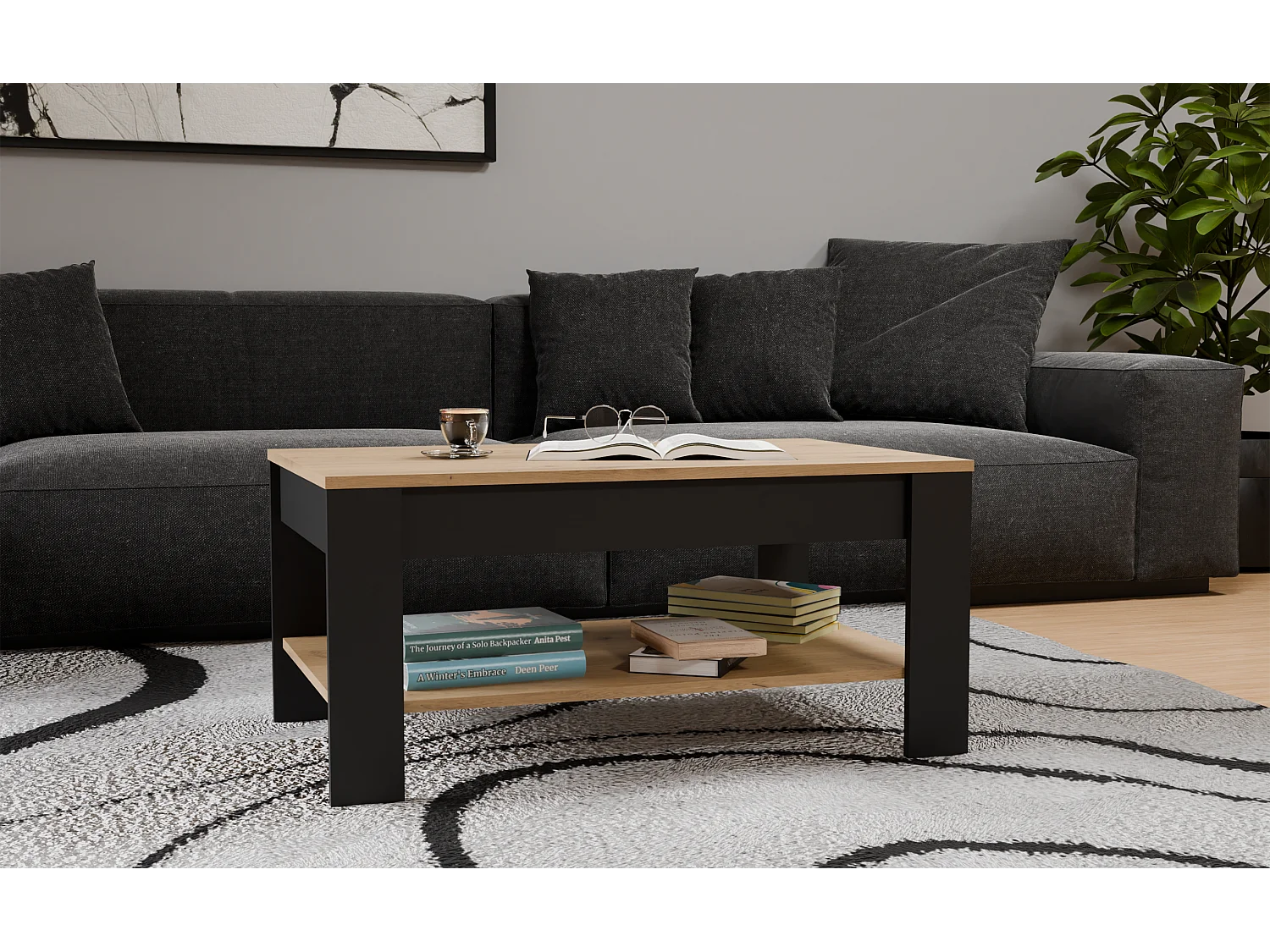 OHIO - Tavolino da Caffè Rovere Artisan Nero con Ripiano per Soggiorno 93x58x43,5 cm