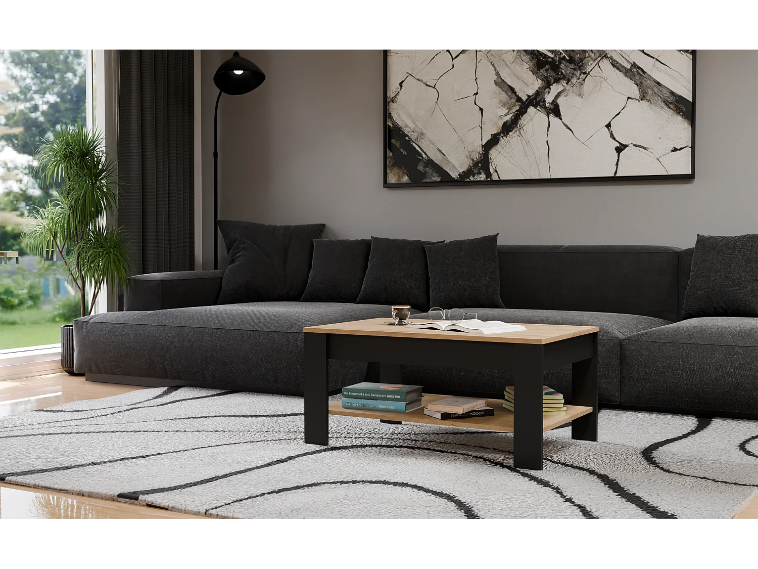 OHIO - Tavolino da Caffè Rovere Artisan Nero con Ripiano per Soggiorno 93x58x43,5 cm