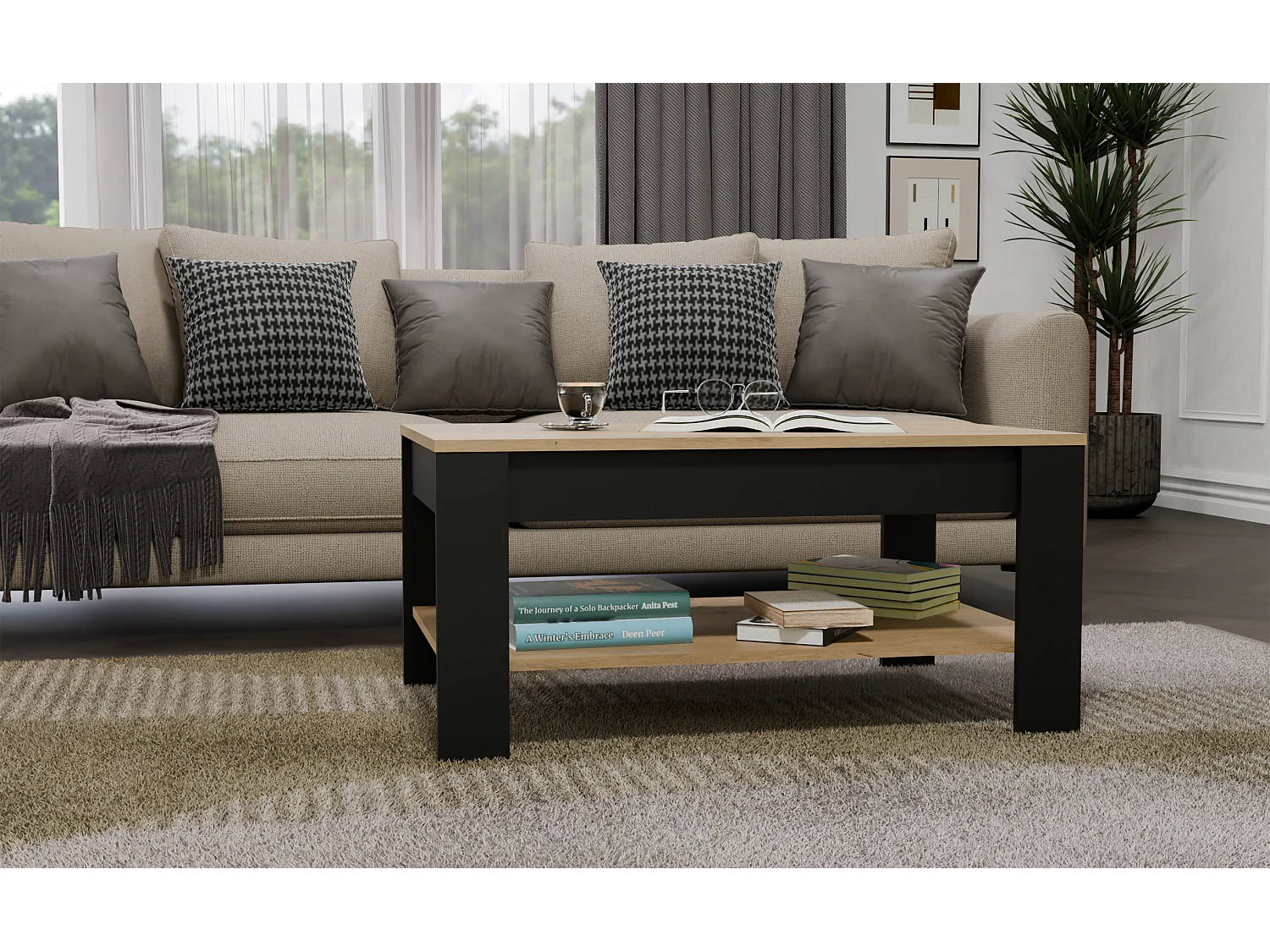 OHIO - Tavolino da Caffè Rovere Artisan Nero con Ripiano per Soggiorno 93x58x43,5 cm