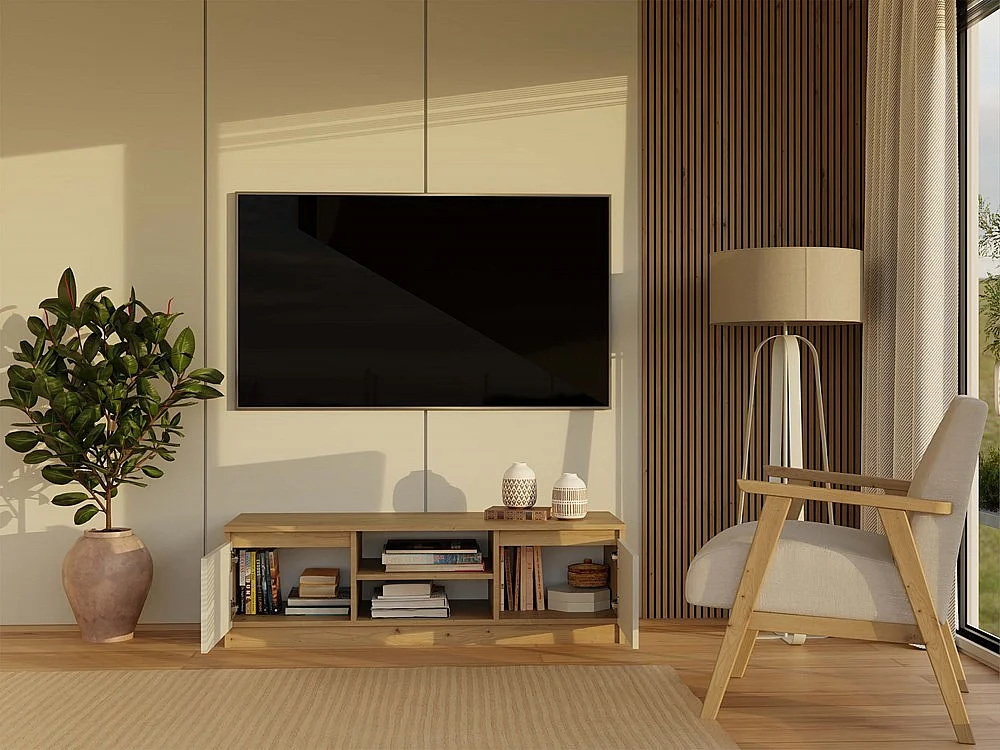 Moderner TV-Schrank TIVOLI 120 cm handwerkliche Eiche & Kaschmir, 2 Türen, 2 Nischen, Multimedia-Aufbewahrung, minimalistisches Design