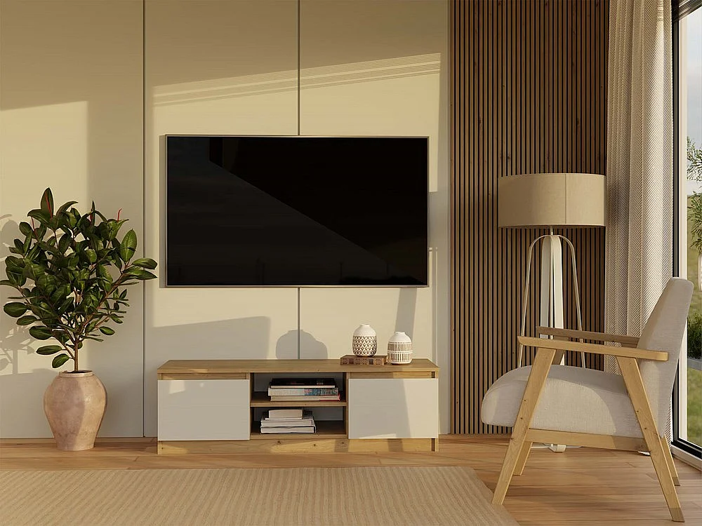 Moderner TV-Schrank TIVOLI 120 cm handwerkliche Eiche & Kaschmir, 2 Türen, 2 Nischen, Multimedia-Aufbewahrung, minimalistisches Design