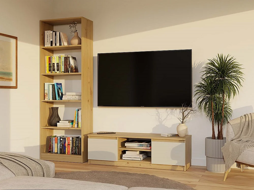 Moderner TV-Schrank TIVOLI 120 cm handwerkliche Eiche & Kaschmir, 2 Türen, 2 Nischen, Multimedia-Aufbewahrung, minimalistisches Design