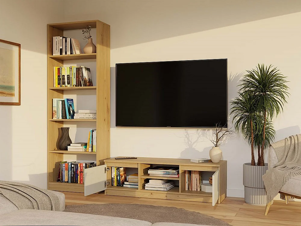 Moderner TV-Schrank TIVOLI 120 cm handwerkliche Eiche & Kaschmir, 2 Türen, 2 Nischen, Multimedia-Aufbewahrung, minimalistisches Design