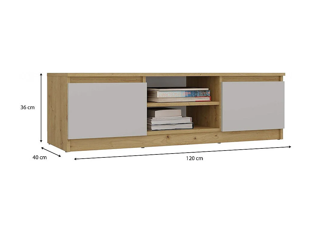 Moderner TV-Schrank TIVOLI 120 cm handwerkliche Eiche & Kaschmir, 2 Türen, 2 Nischen, Multimedia-Aufbewahrung, minimalistisches Design