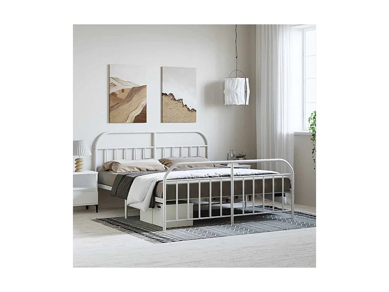 Cadre de lit métal sans matelas et pied de lit blanc 183x213 cm