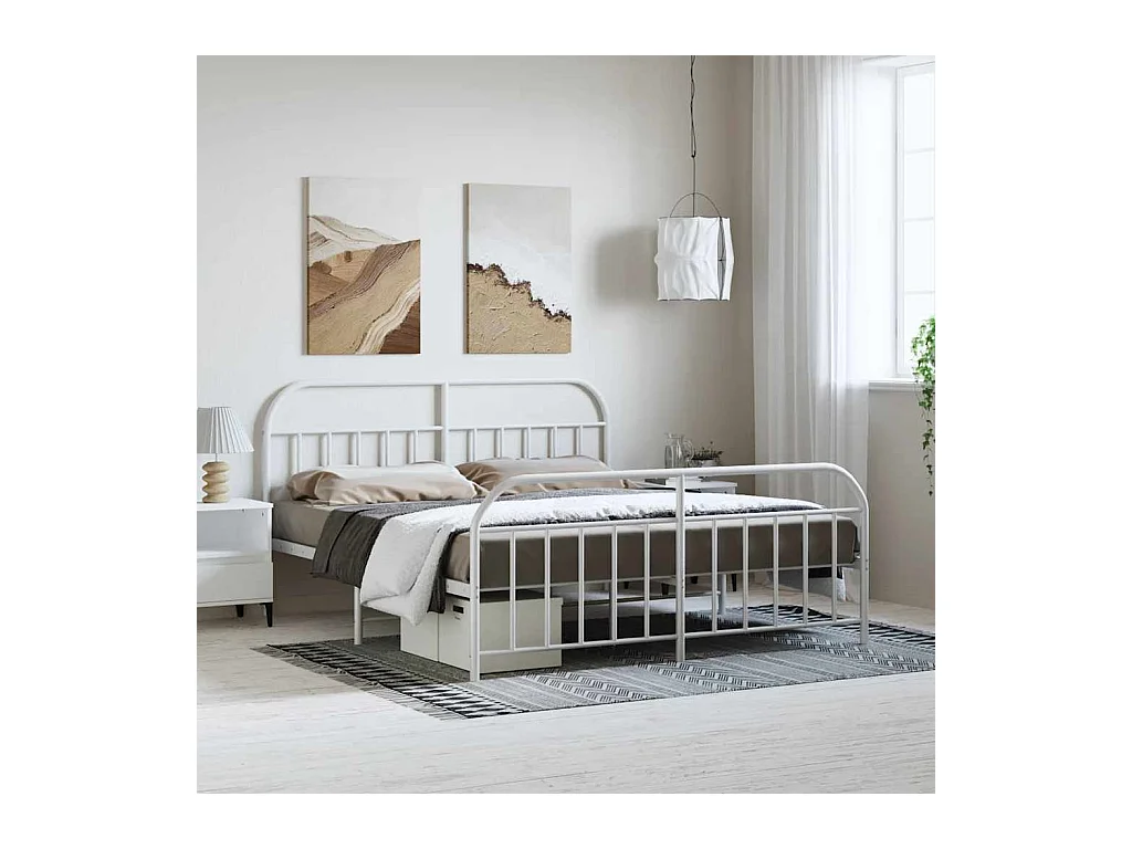 Cadre de lit métal sans matelas et pied de lit blanc 183x213 cm