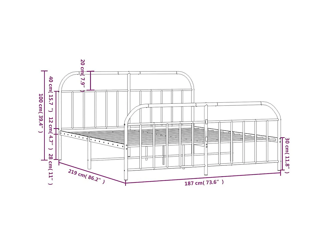 Cadre de lit métal sans matelas et pied de lit blanc 183x213 cm