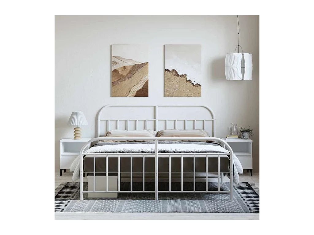 Cadre de lit métal sans matelas et pied de lit blanc 183x213 cm