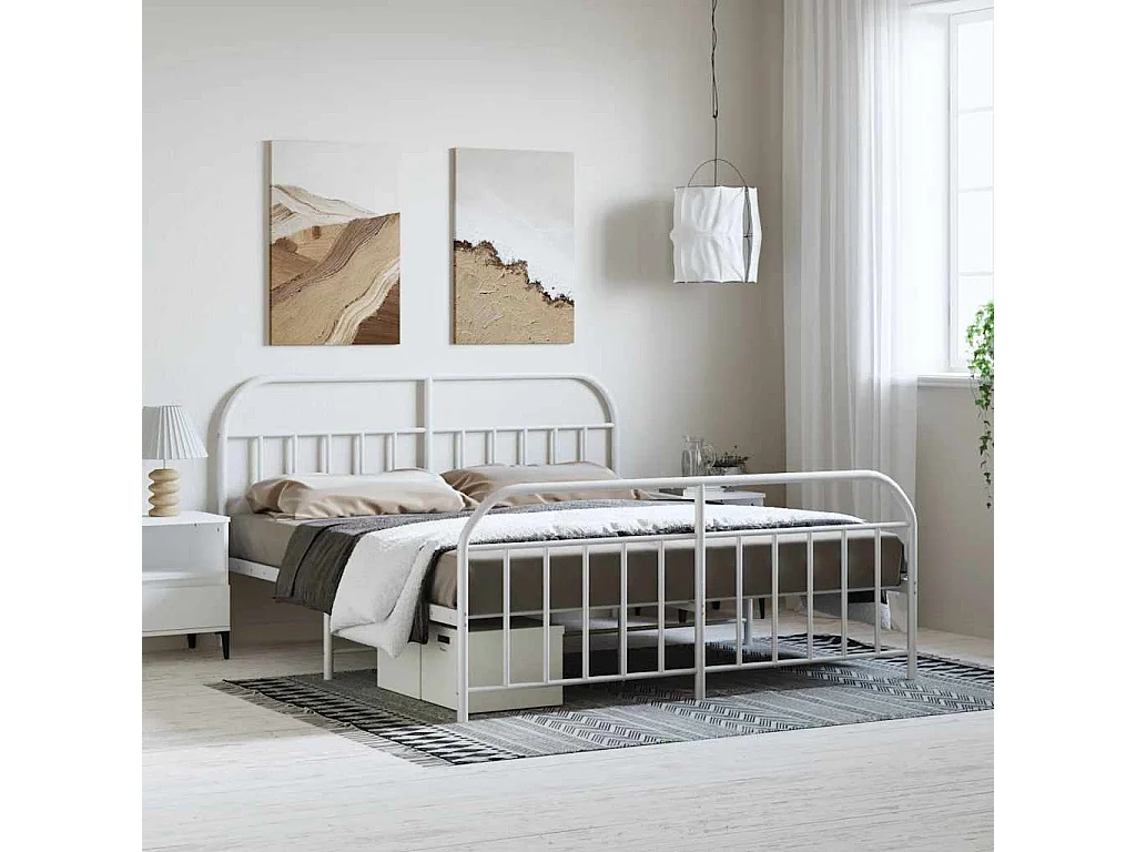 Cadre de lit métal sans matelas et pied de lit blanc 183x213 cm