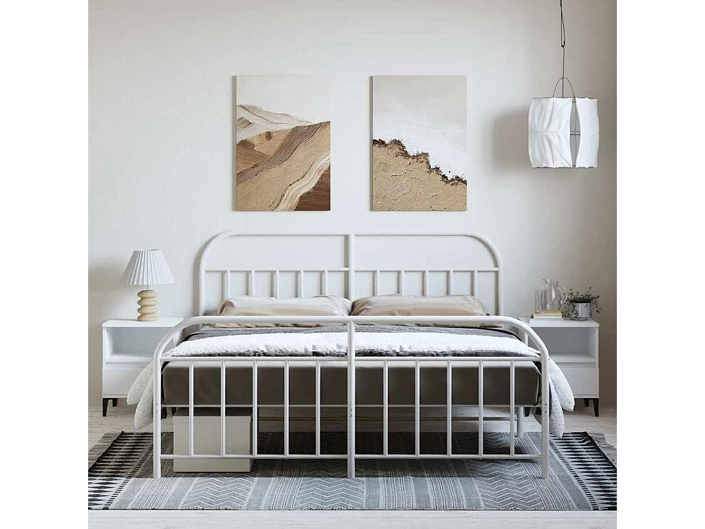 Cadre de lit métal sans matelas et pied de lit blanc 183x213 cm