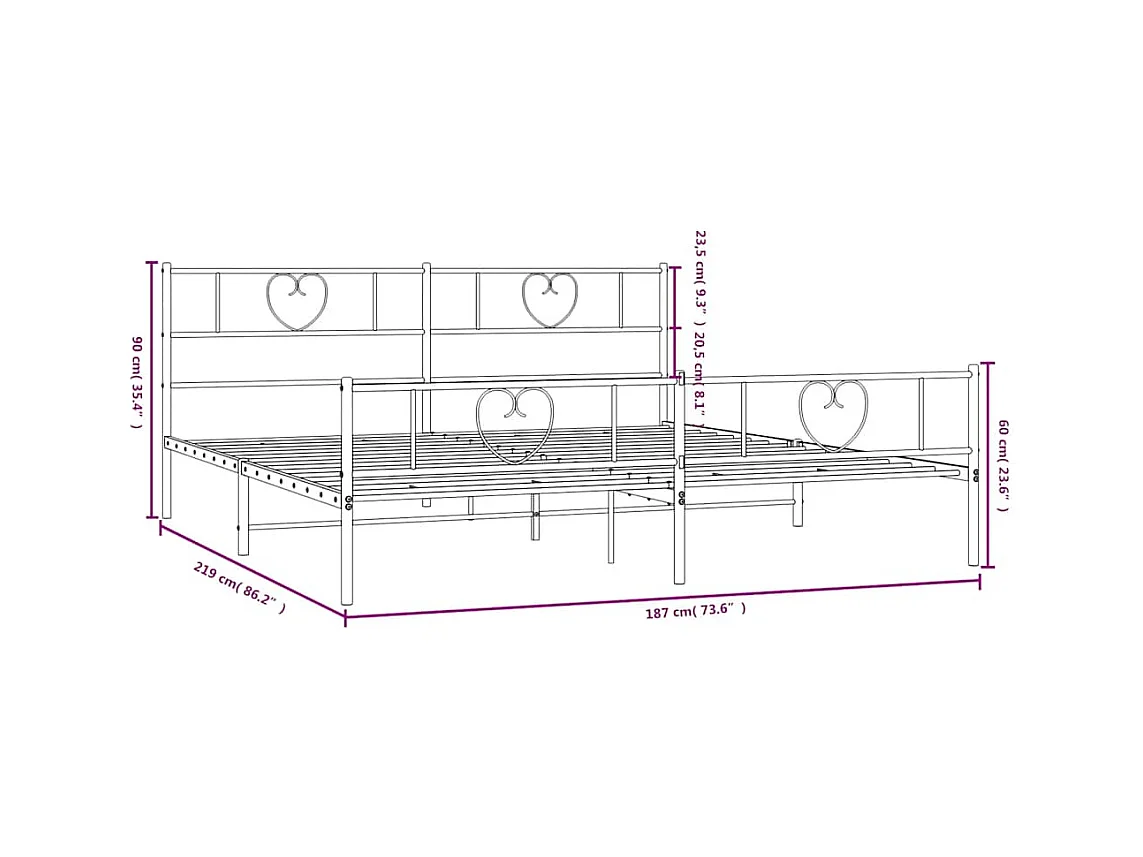 Cadre de lit métal sans matelas avec pied de lit noir 183x213cm