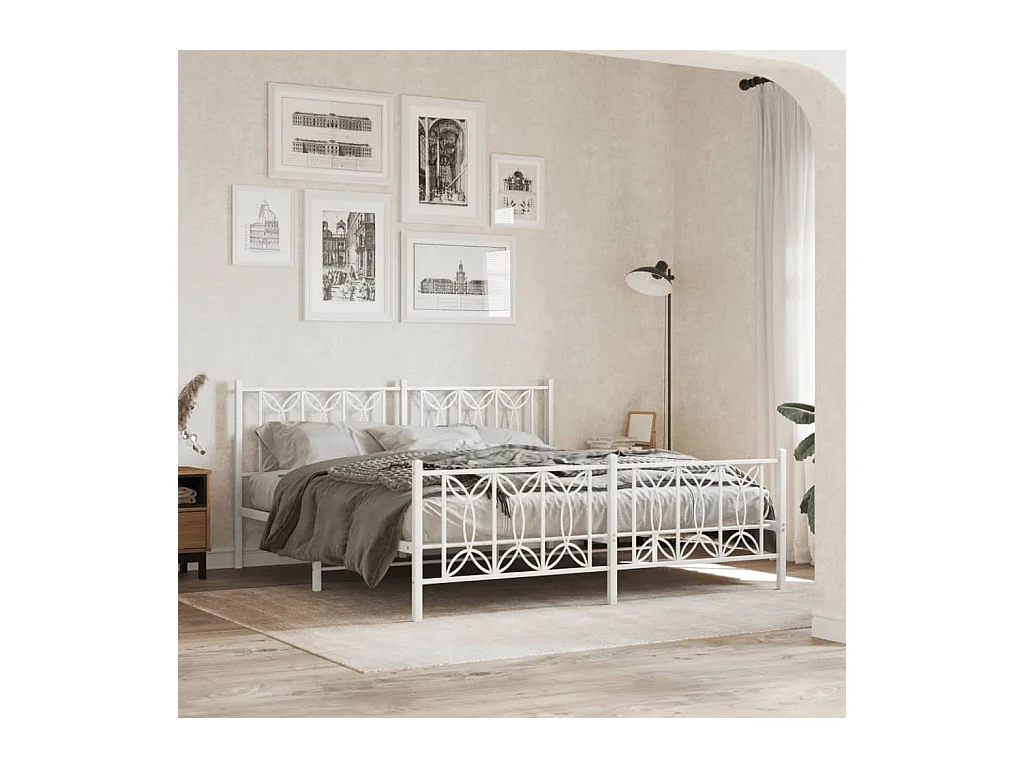 Cadre de lit métal sans matelas et pied de lit blanc 183x213 cm