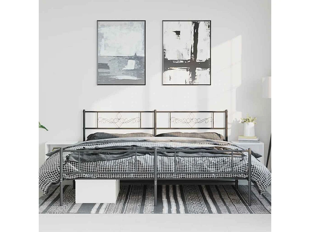 Cadre de lit métal sans matelas avec pied de lit noir 183x213cm