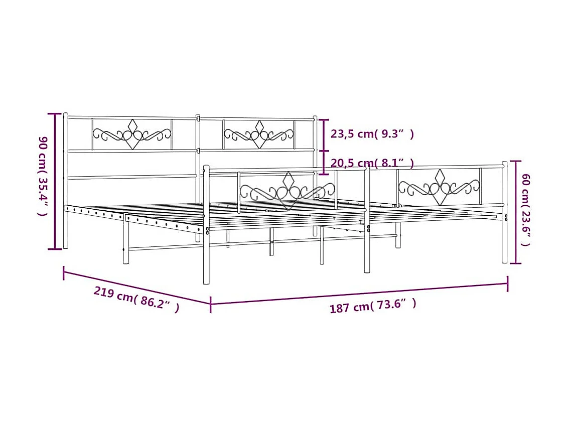 Cadre de lit métal sans matelas avec pied de lit noir 183x213cm
