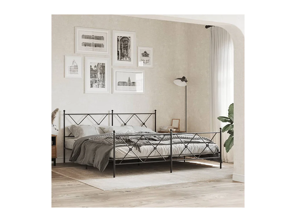 Cadre de lit métal sans matelas avec pied de lit noir 183x213cm