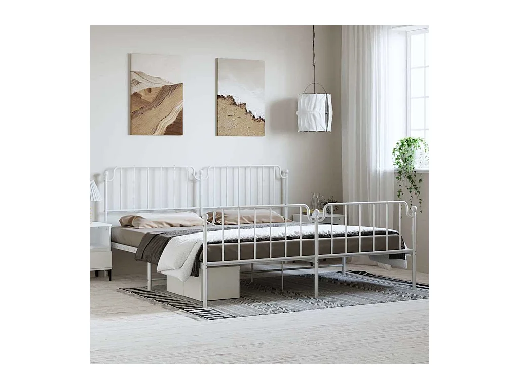 Cadre de lit métal sans matelas et pied de lit blanc 183x213 cm