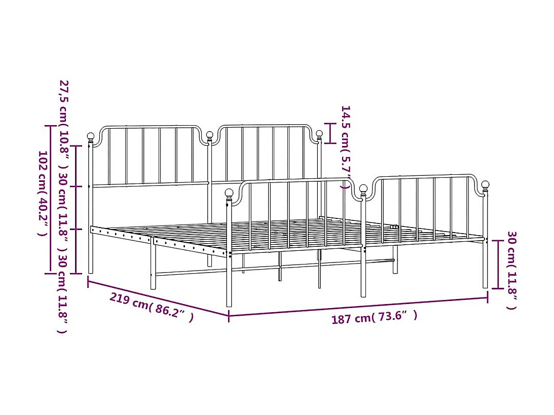 Cadre de lit métal sans matelas et pied de lit blanc 183x213 cm