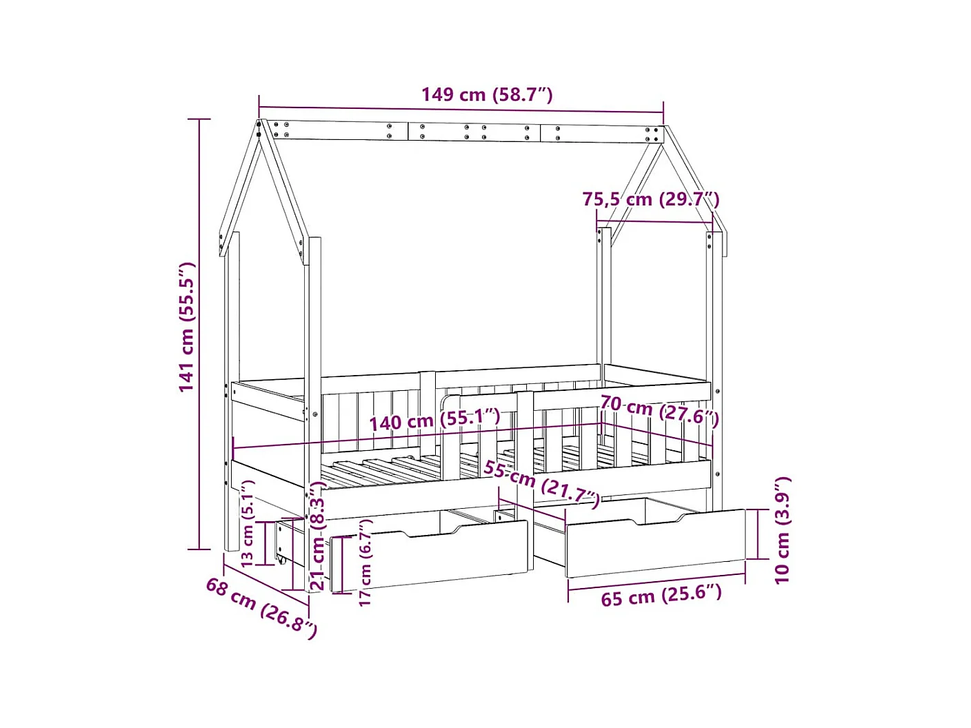 Kinderbett mit Schubladen 70x140 cm Massivholz Kiefer