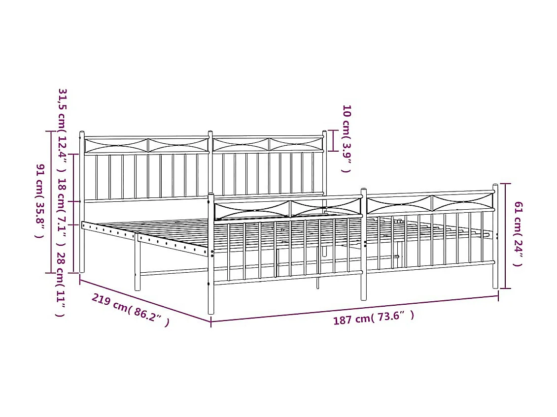 Bedframe met hoofd- en voeteneinde metaal zwart 183x213 cm