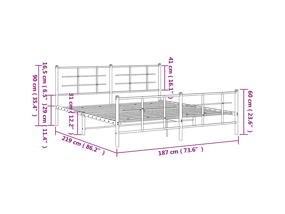 Cadre de lit métal sans matelas avec pied de lit noir 183x213cm