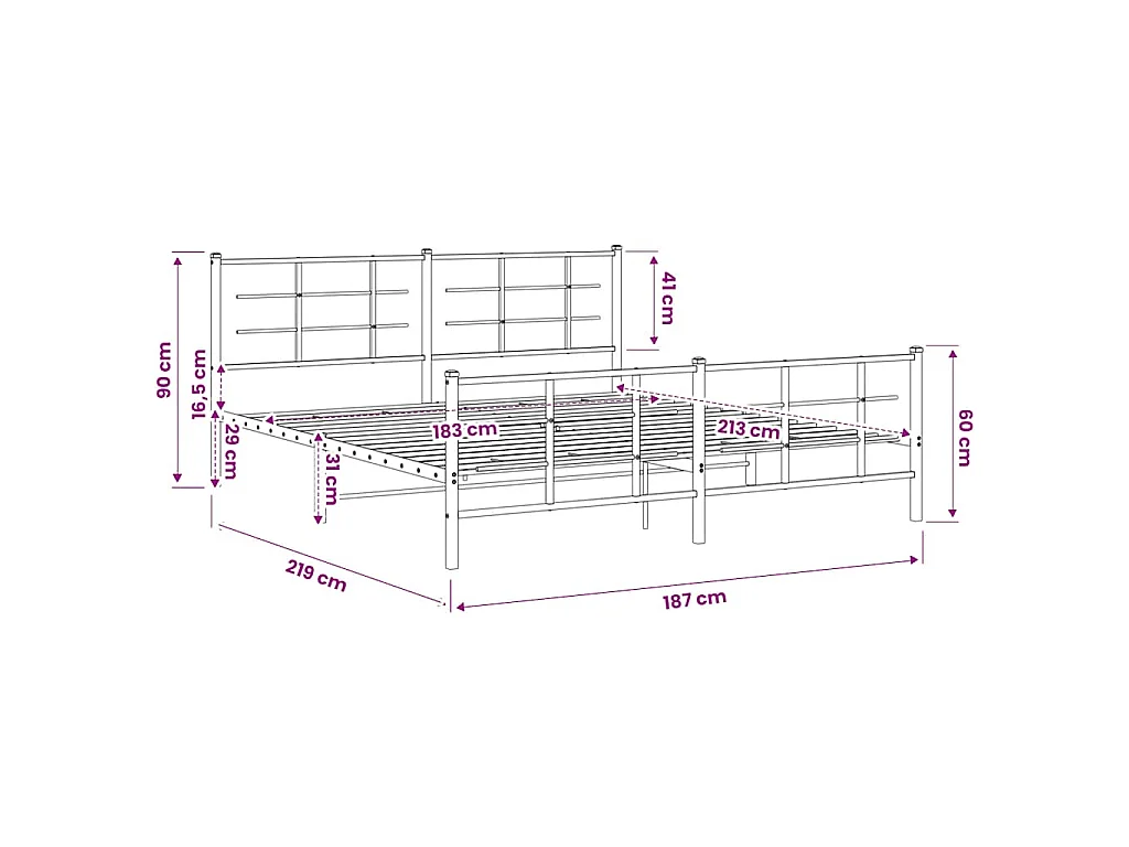 Cadre de lit métal sans matelas avec pied de lit noir 183x213cm