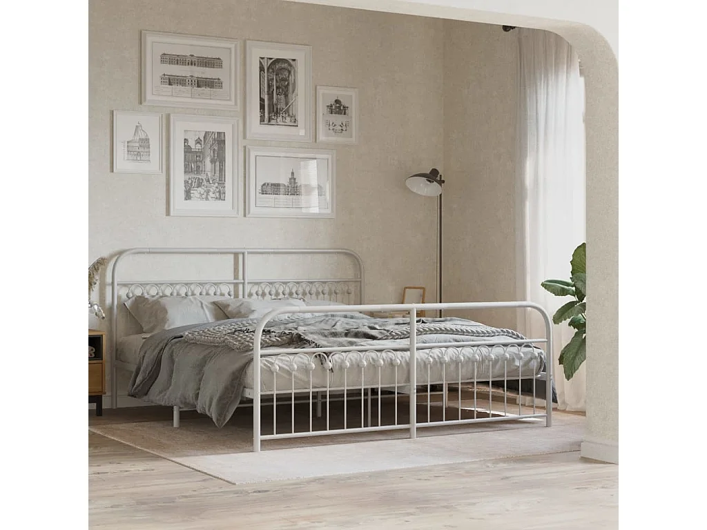 Cadre de lit métal sans matelas et pied de lit blanc 183x203 cm