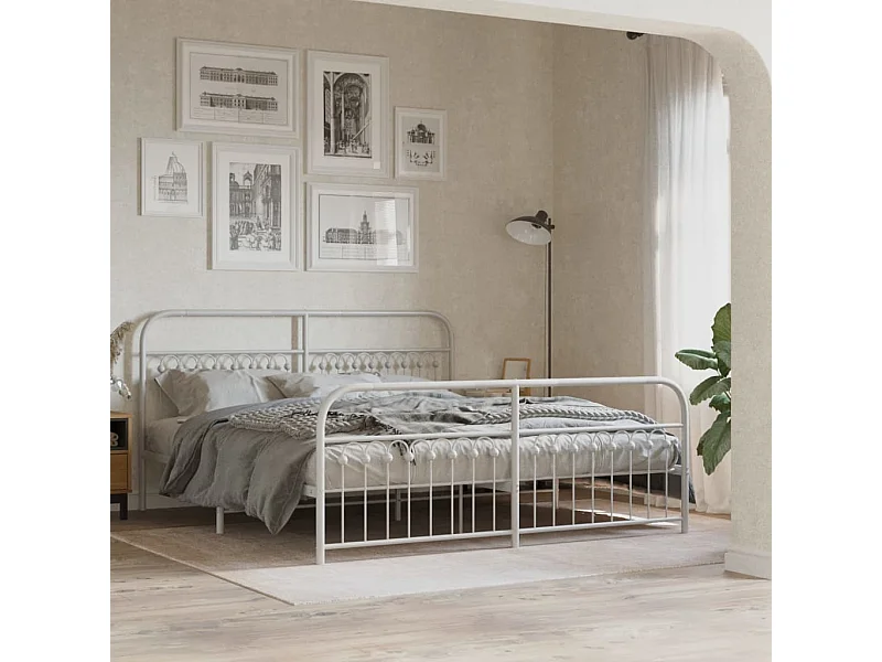 Estrutura de cama com cabeceira e pés 183x203 cm metal branco