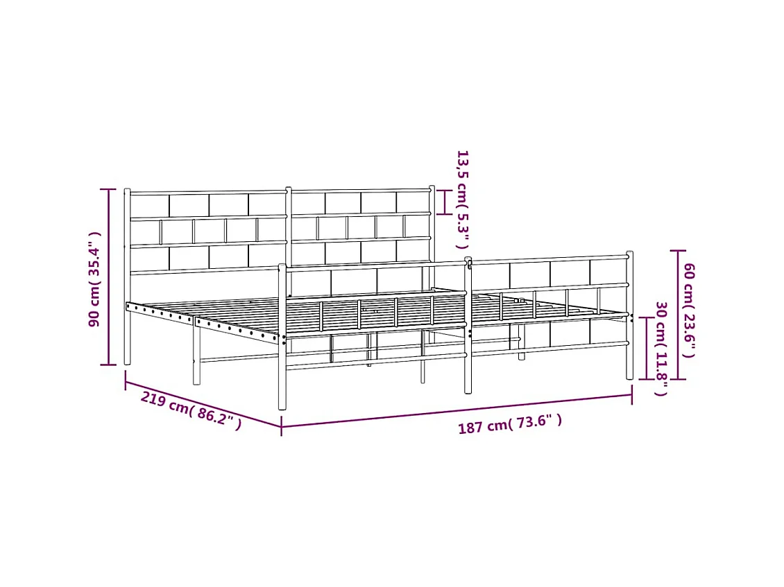 Cadre de lit métal sans matelas avec pied de lit noir 183x213cm