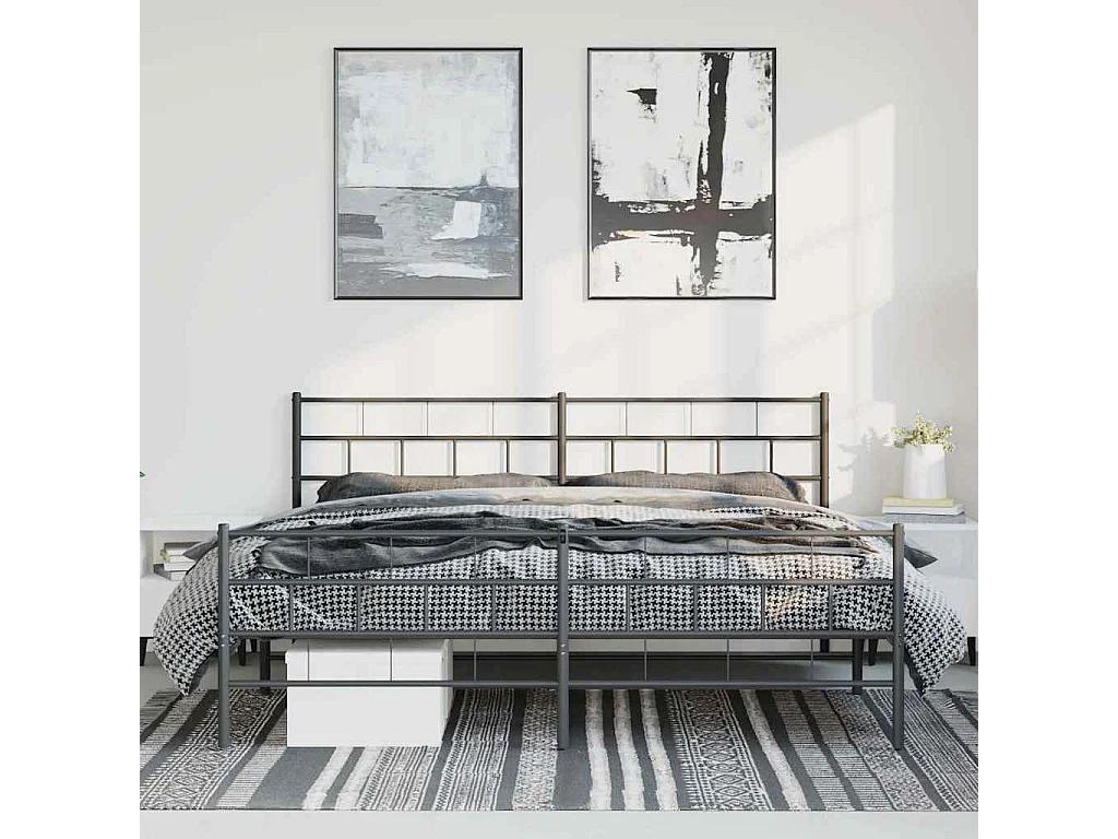 Cadre de lit métal sans matelas avec pied de lit noir 183x213cm