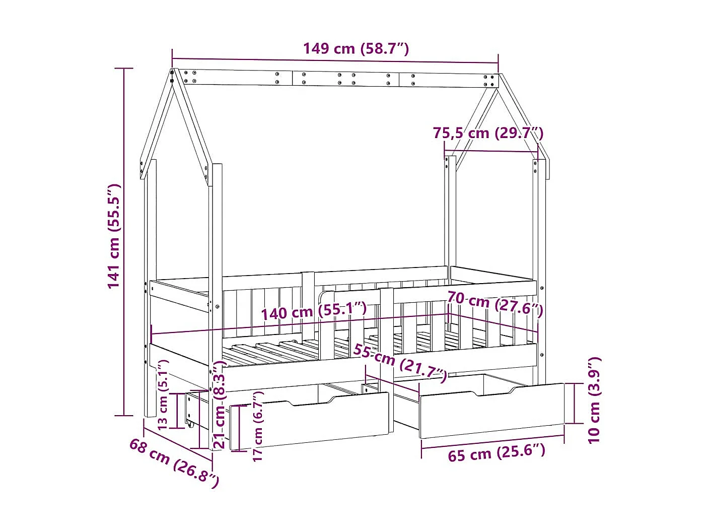 Cadre de lit enfant avec tiroirs sans matelas 70x140 cm bois
