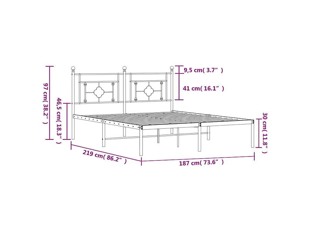 Cadre de lit métal sans matelas et tête de lit blanc 183x213 cm