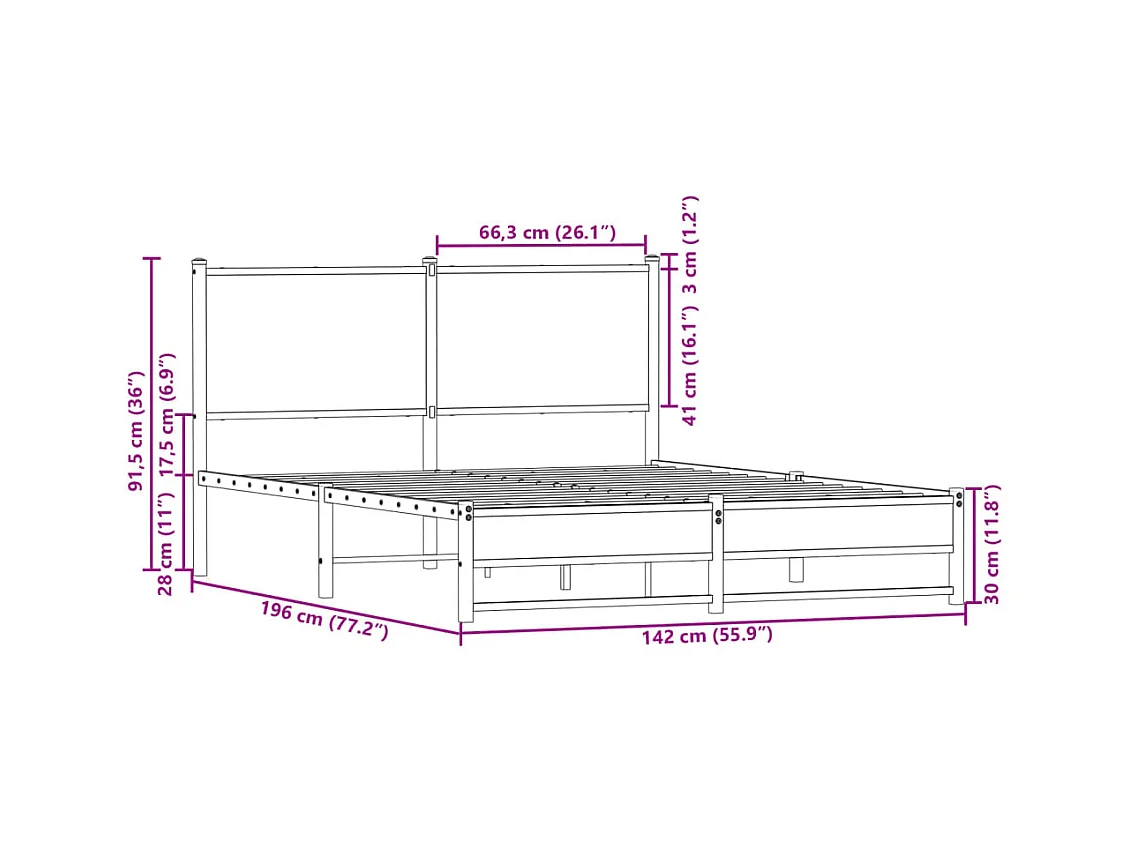 Cadre de lit en métal sans matelas chêne fumé 137x190 cm