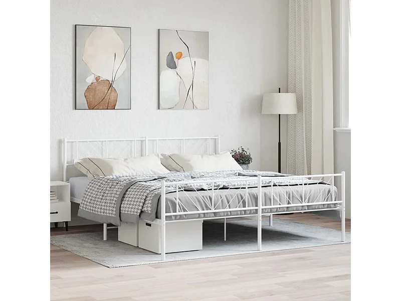 Cadre de lit métal sans matelas et pied de lit blanc 183x213 cm