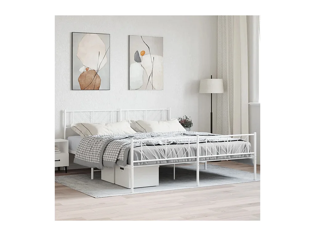 Cadre de lit métal sans matelas et pied de lit blanc 183x213 cm
