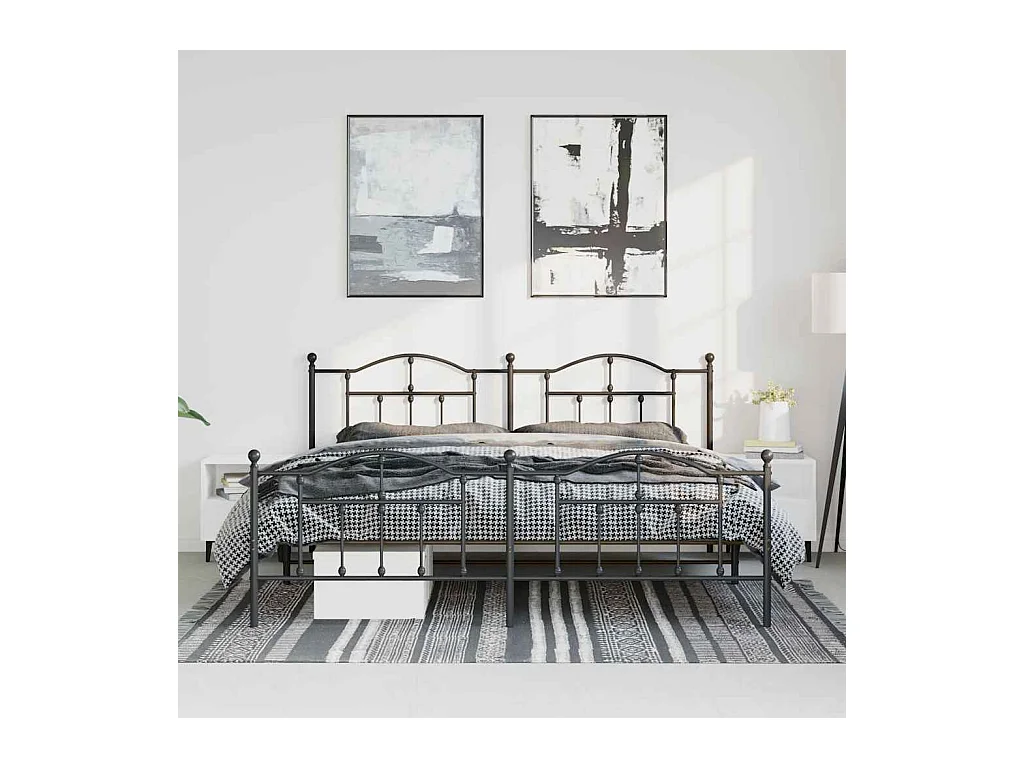Cadre de lit métal sans matelas avec pied de lit noir 183x213cm