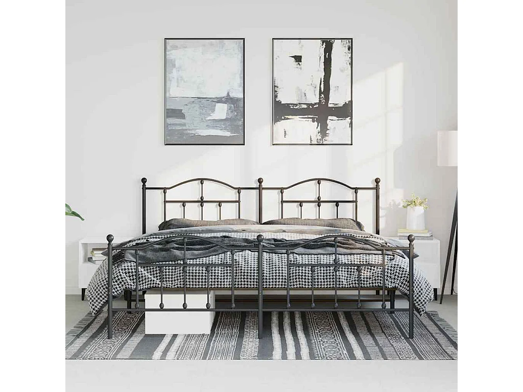 Cadre de lit métal sans matelas avec pied de lit noir 183x213cm