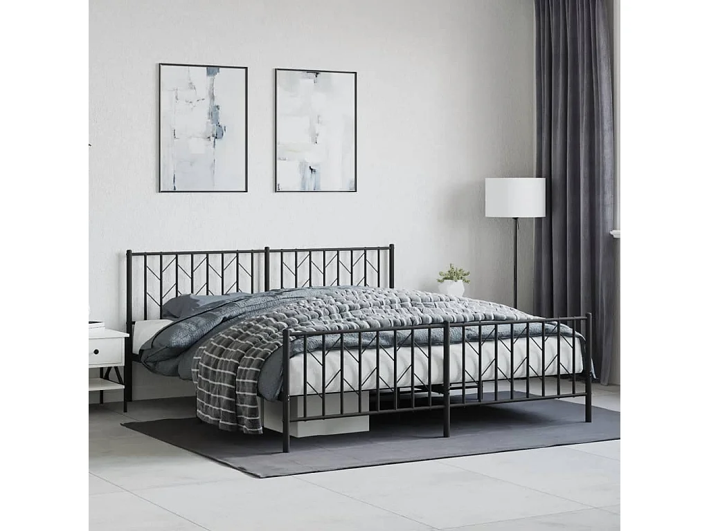 Cadre de lit métal sans matelas avec pied de lit noir 183x213cm