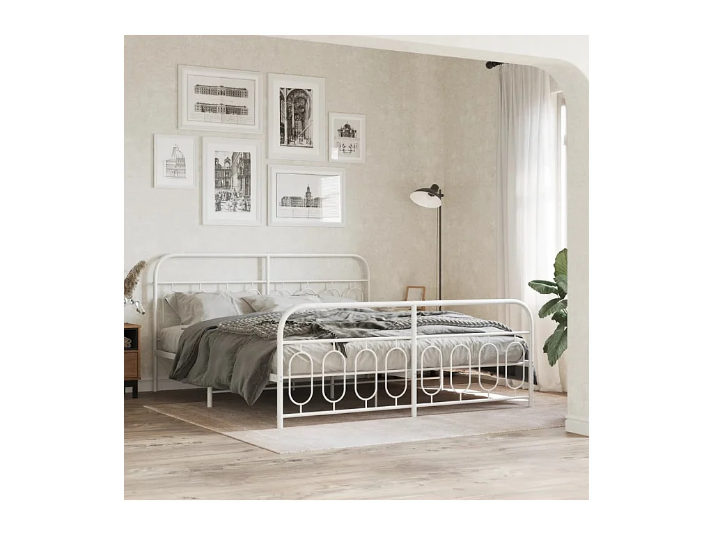 Cadre de lit métal sans matelas et pied de lit blanc 183x213 cm