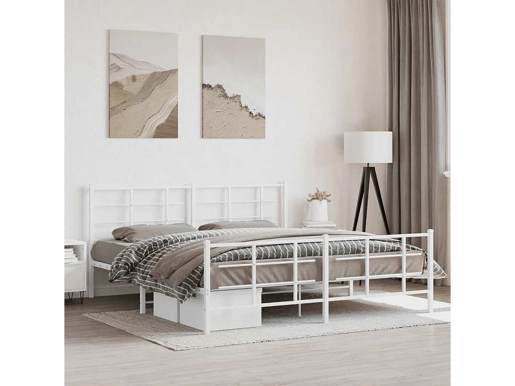 Cadre de lit métal sans matelas et pied de lit blanc 183x213 cm