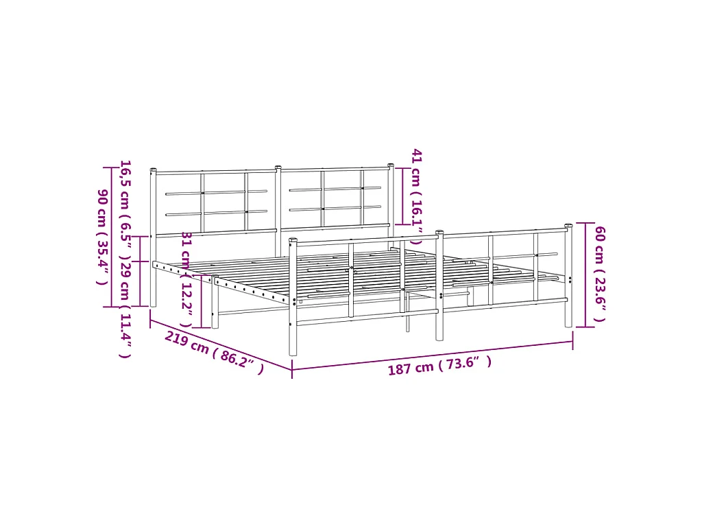 Cadre de lit métal sans matelas et pied de lit blanc 183x213 cm