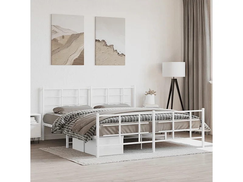 Cadre de lit métal sans matelas et pied de lit blanc 183x213 cm