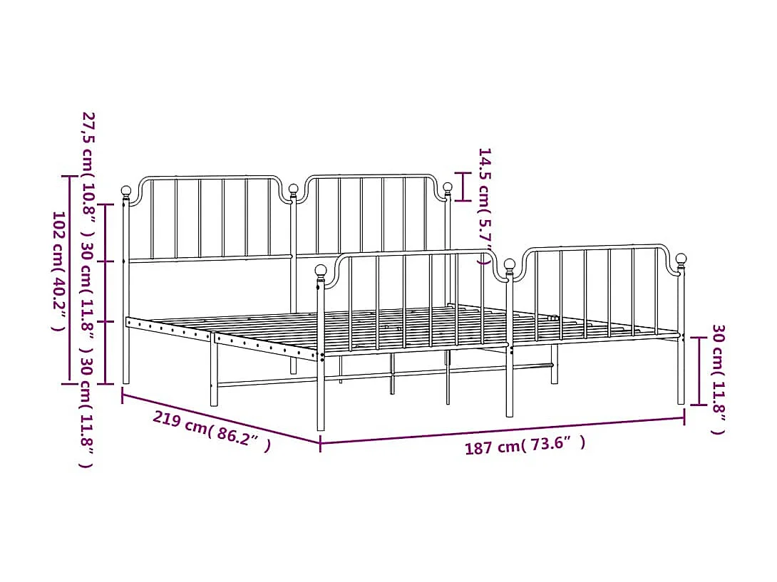 Cadre de lit métal sans matelas avec pied de lit noir 183x213cm