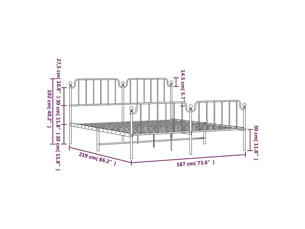 Cadre de lit métal sans matelas avec pied de lit noir 183x213cm