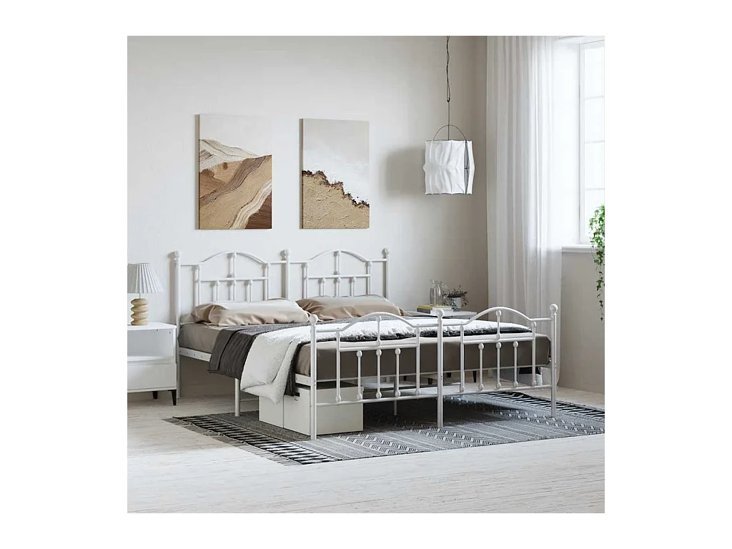 Cadre de lit métal sans matelas et pied de lit blanc 183x213 cm