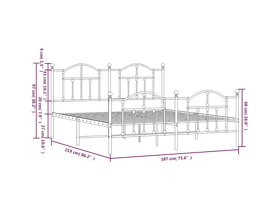 Cadre de lit métal sans matelas et pied de lit blanc 183x213 cm