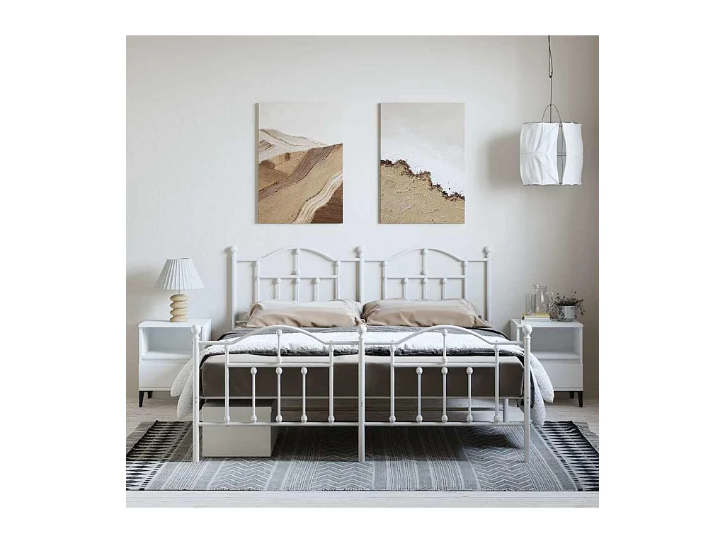 Cadre de lit métal sans matelas et pied de lit blanc 183x213 cm