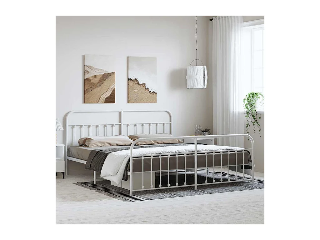 Cadre de lit métal sans matelas et pied de lit blanc 183x213 cm