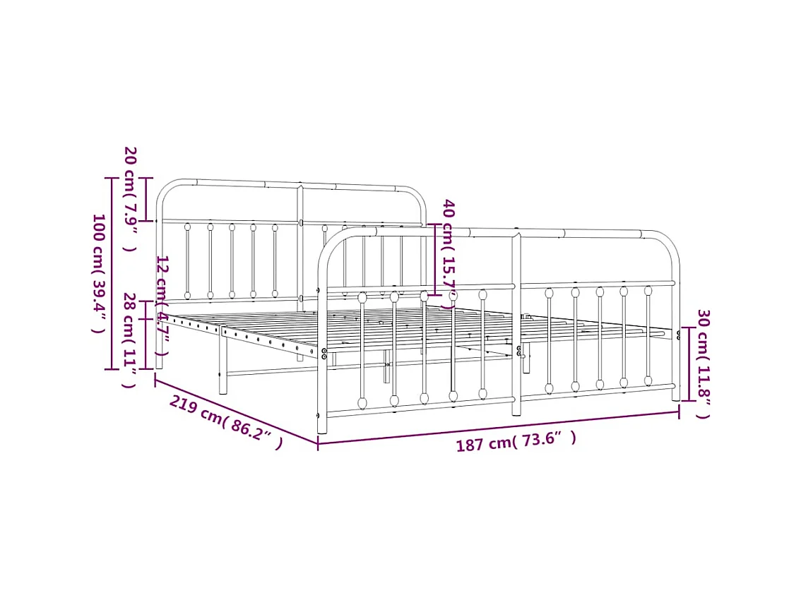 Cadre de lit métal sans matelas et pied de lit blanc 183x213 cm